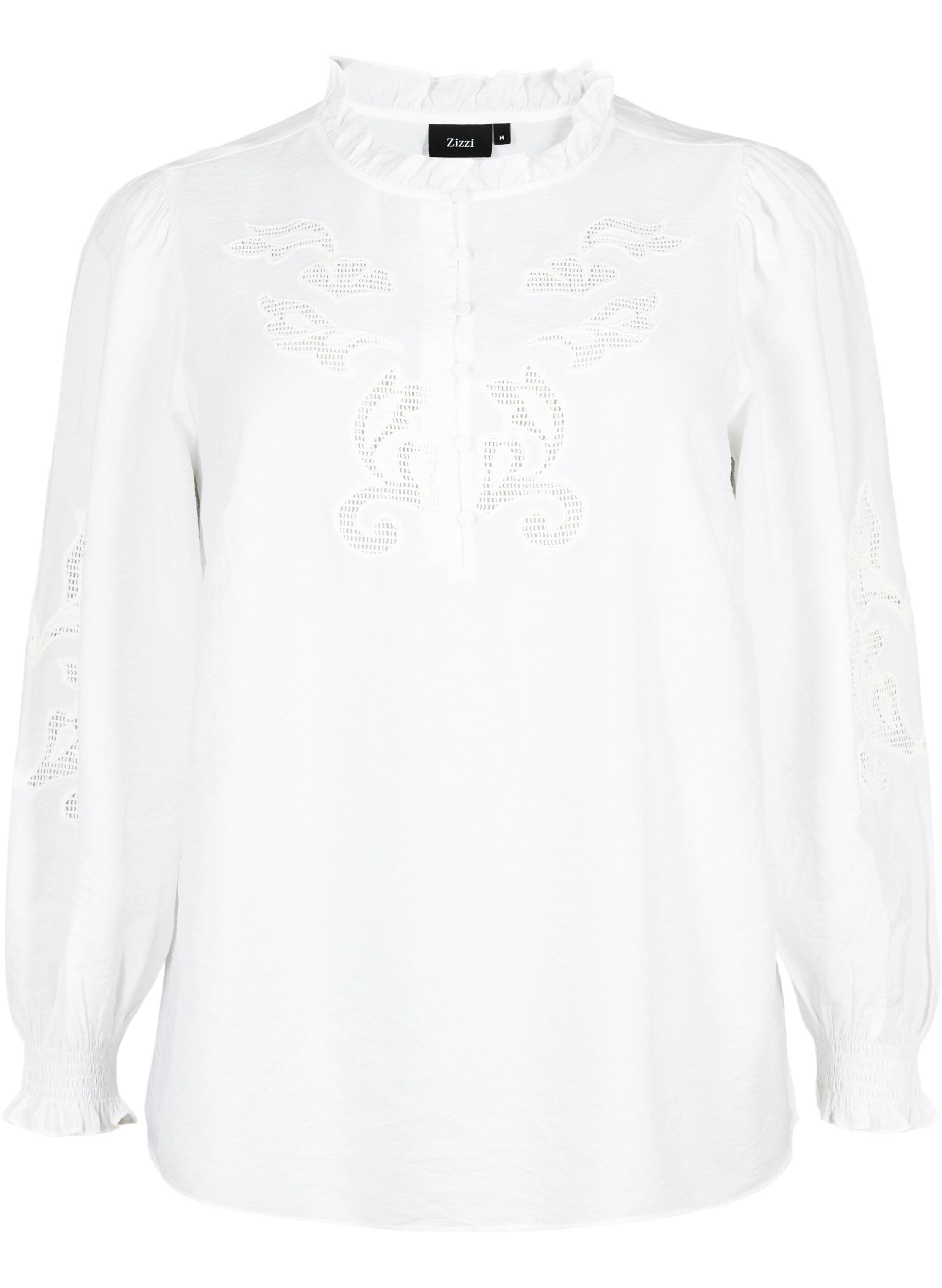 Zizzi Blouse met ruches en broderie anglaise, Bright White, Packshot image number 0