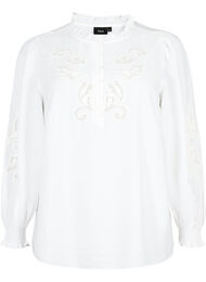 Blouse met ruches en broderie anglaise, Bright White