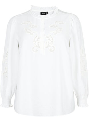 Blouse met ruches en broderie anglaise, Bright White, Packshot image number 0