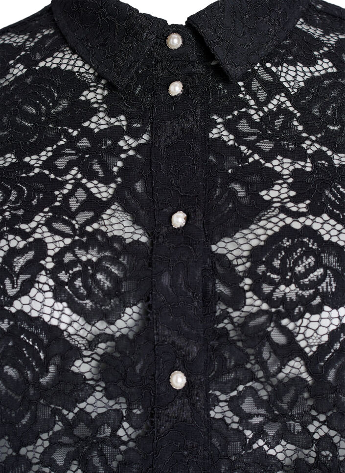 Kanten shirt blouse met parelknopen, Zwart, Packshot image number 2
