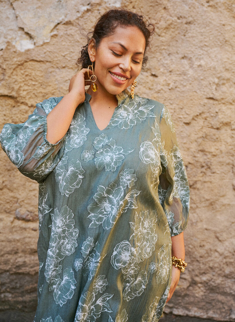 Midi jurk met bloemenprint en transparante 3/4-mouwen, Groen, Image