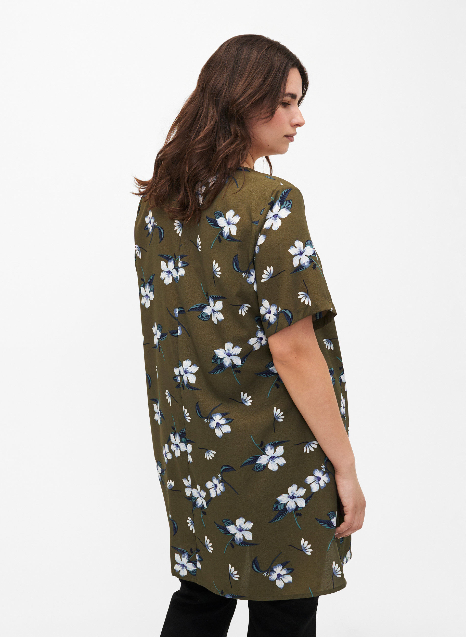 Zizzi FLASH - Tuniek met v-hals en print, Olive Night Flower, Model image number 1