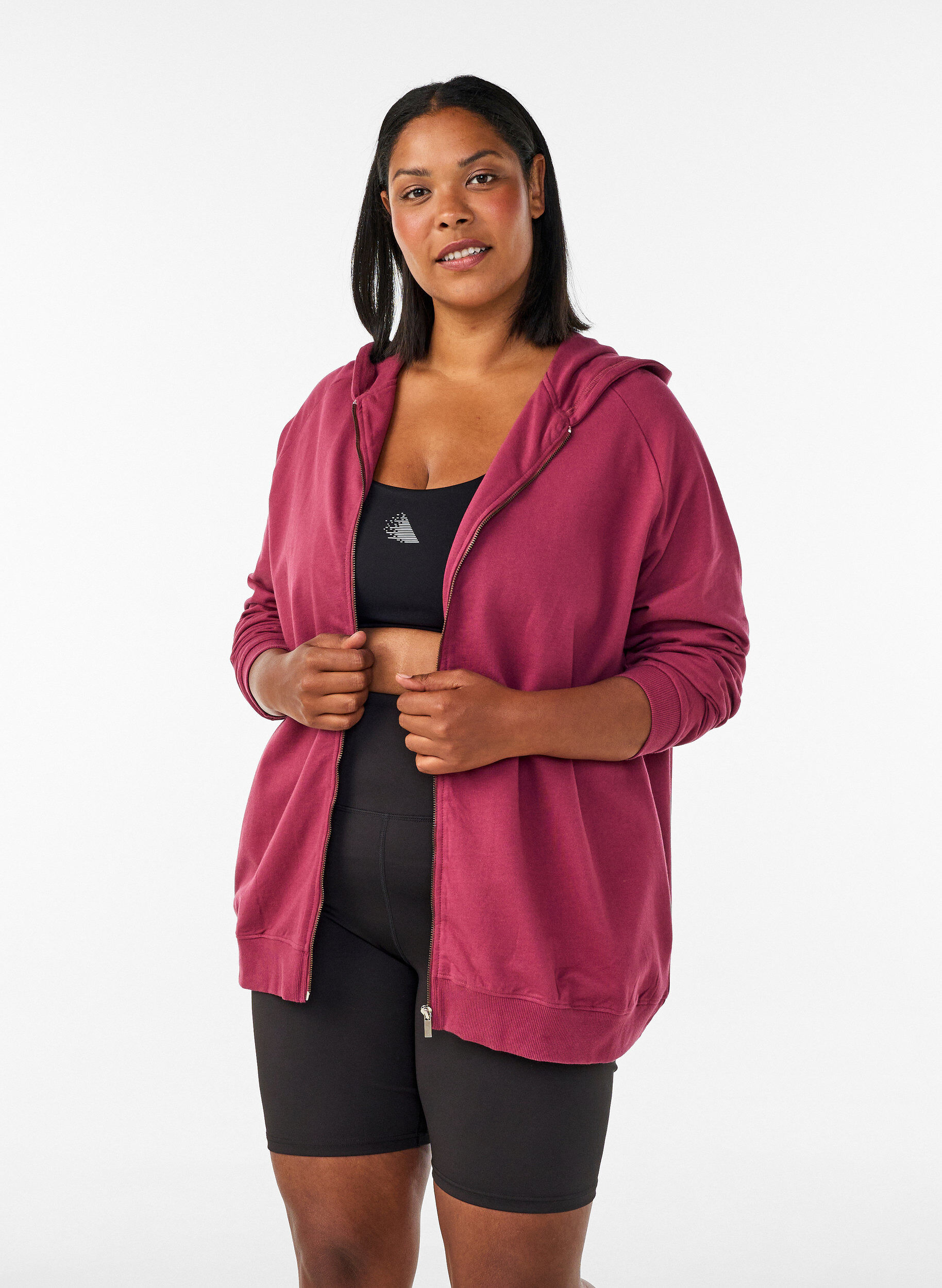 ZizziHoodie met ritssluiting en achterkant print, Rood, Model image number 0