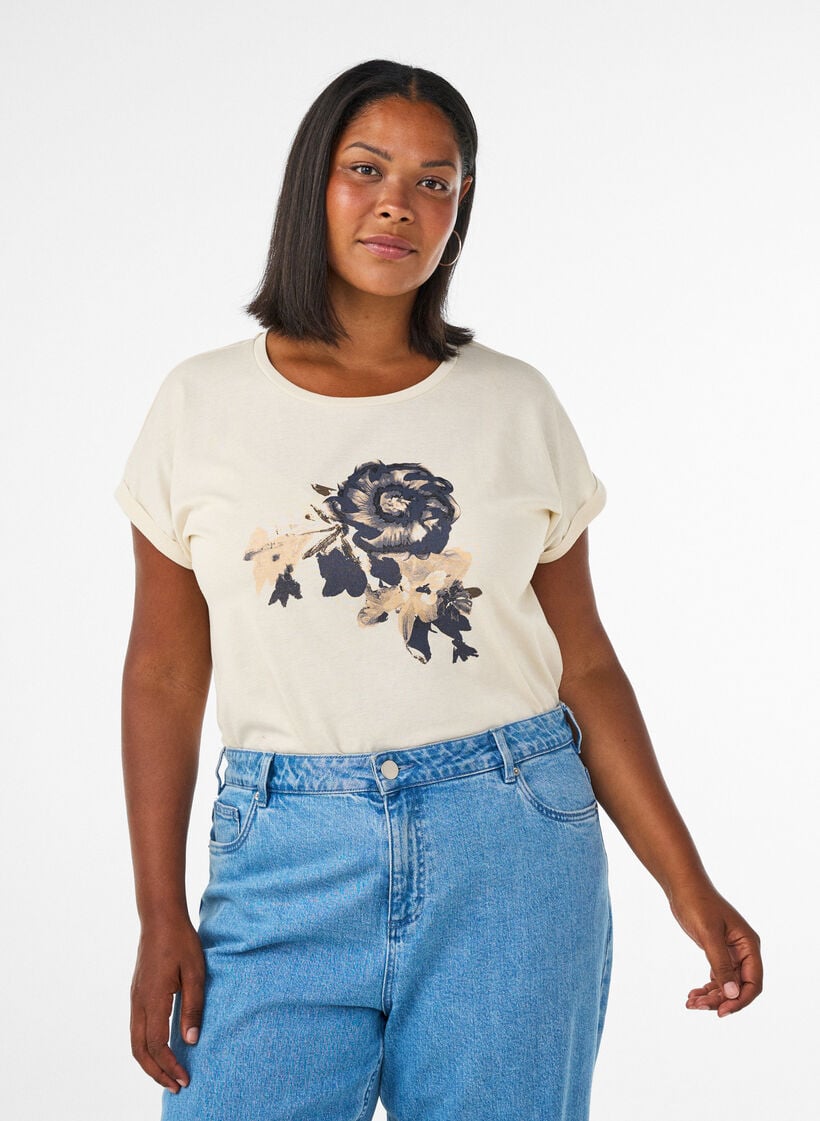 T-shirt met decoratieve print aan de voorkant, Vanille, Model image number 0
