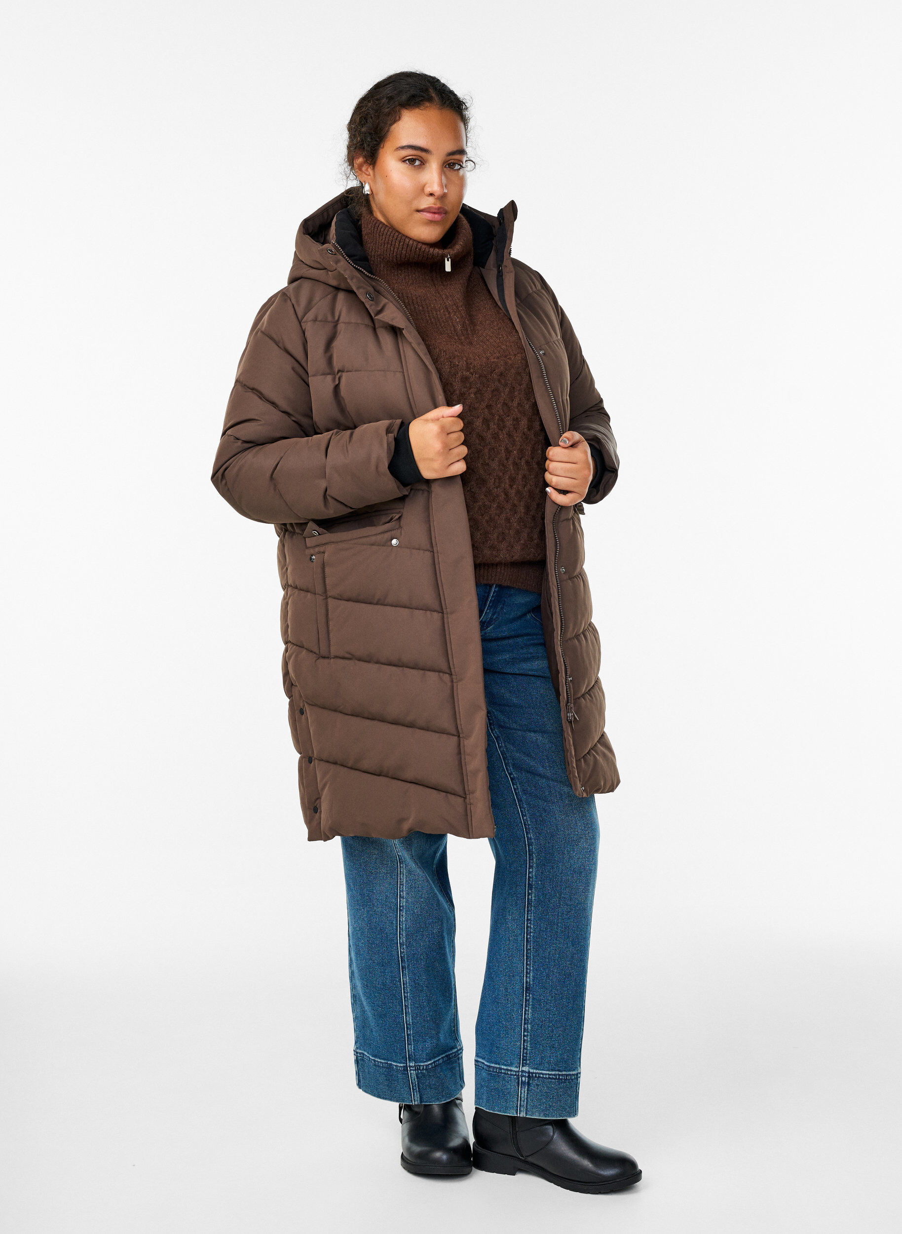 Zizzi Gewatteerde winterjas met capuchon, Bruin, Model image number 1