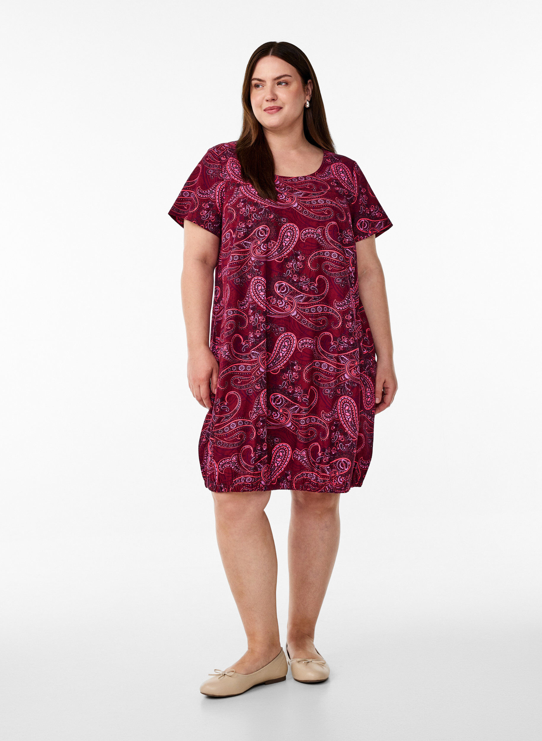 ZizziKatoenen jurk met korte mouwen en print, Rood, Model image number 1