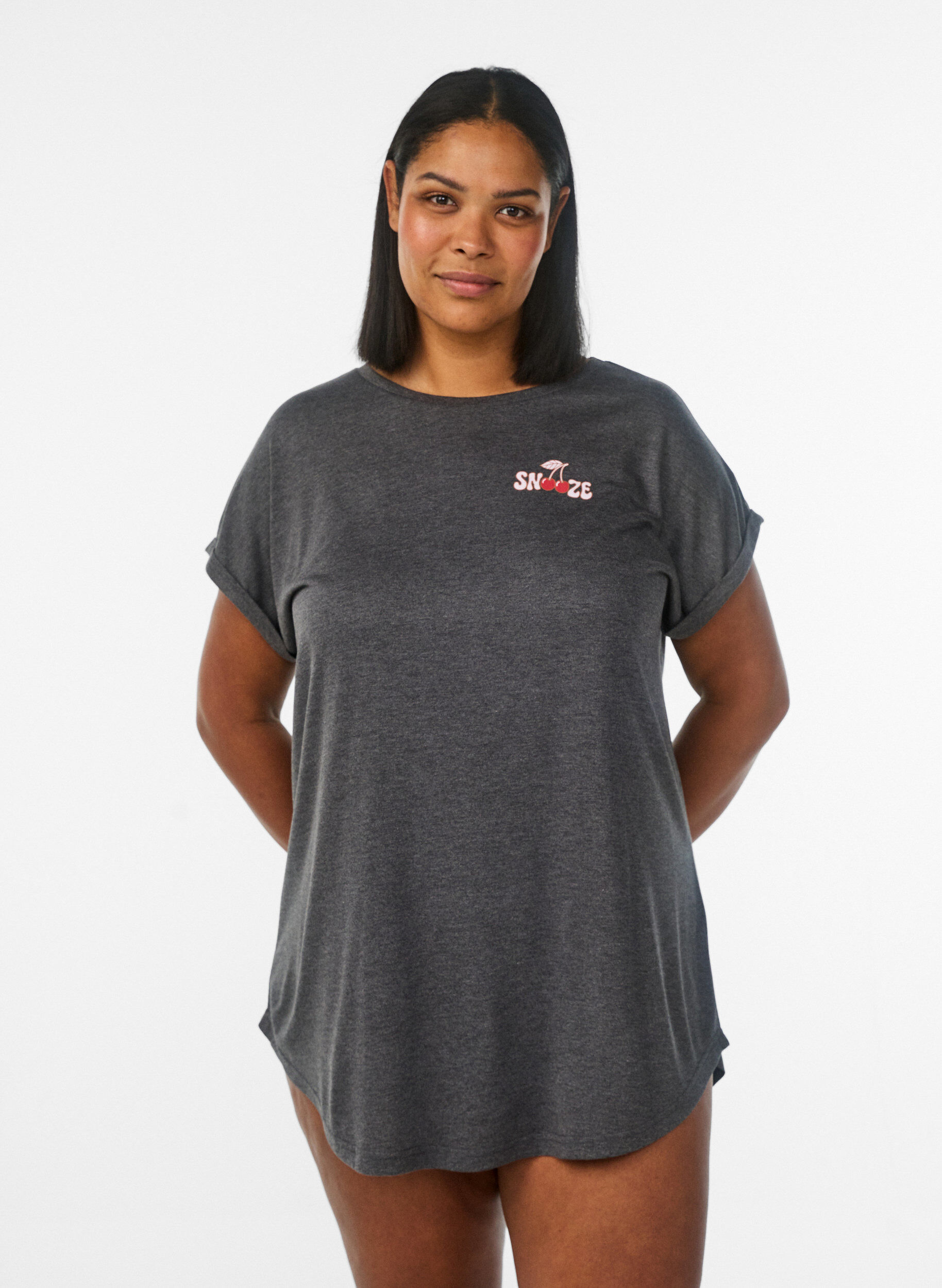 Nachtjapon met korte mouwen en tekstopdruk, Zwart, Model