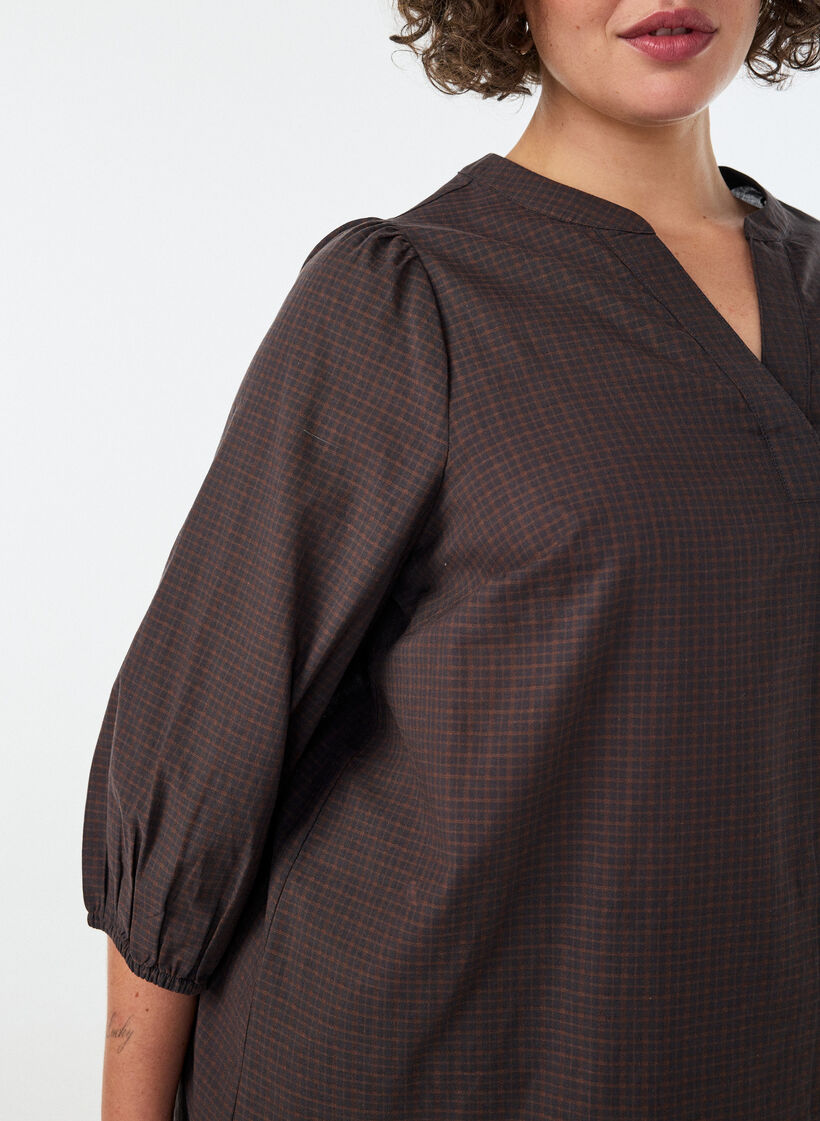 Blouse met ruitdessin, V-hals en 3/4-mouwen, Bruin, Model image number 3