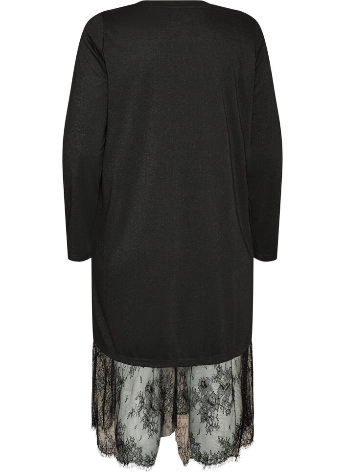 Jersey jurk met glitter en kanten rand, Zwart, Packshot image number 1