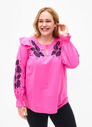 Katoenen blouse met borduursel en ruches, Pink P. w. Navy, Model image number 0