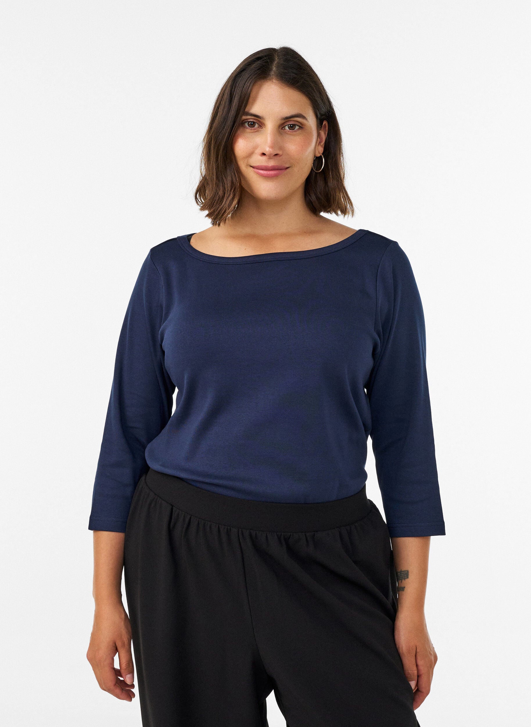 ZizziBasic T-shirt met boothals en 3/4-mouwen, Blauw, Model image number 0