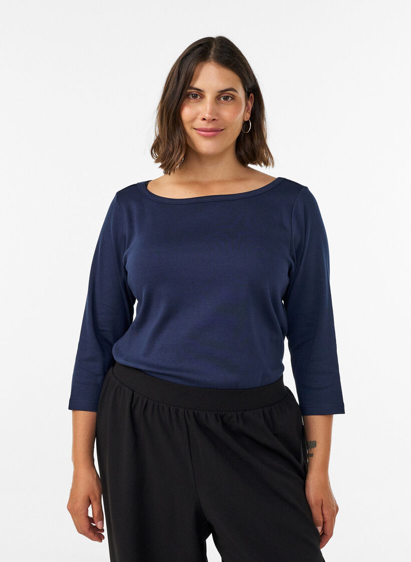 Basic T-shirt met boothals en 3/4-mouwen, Blauw, Model image number 0