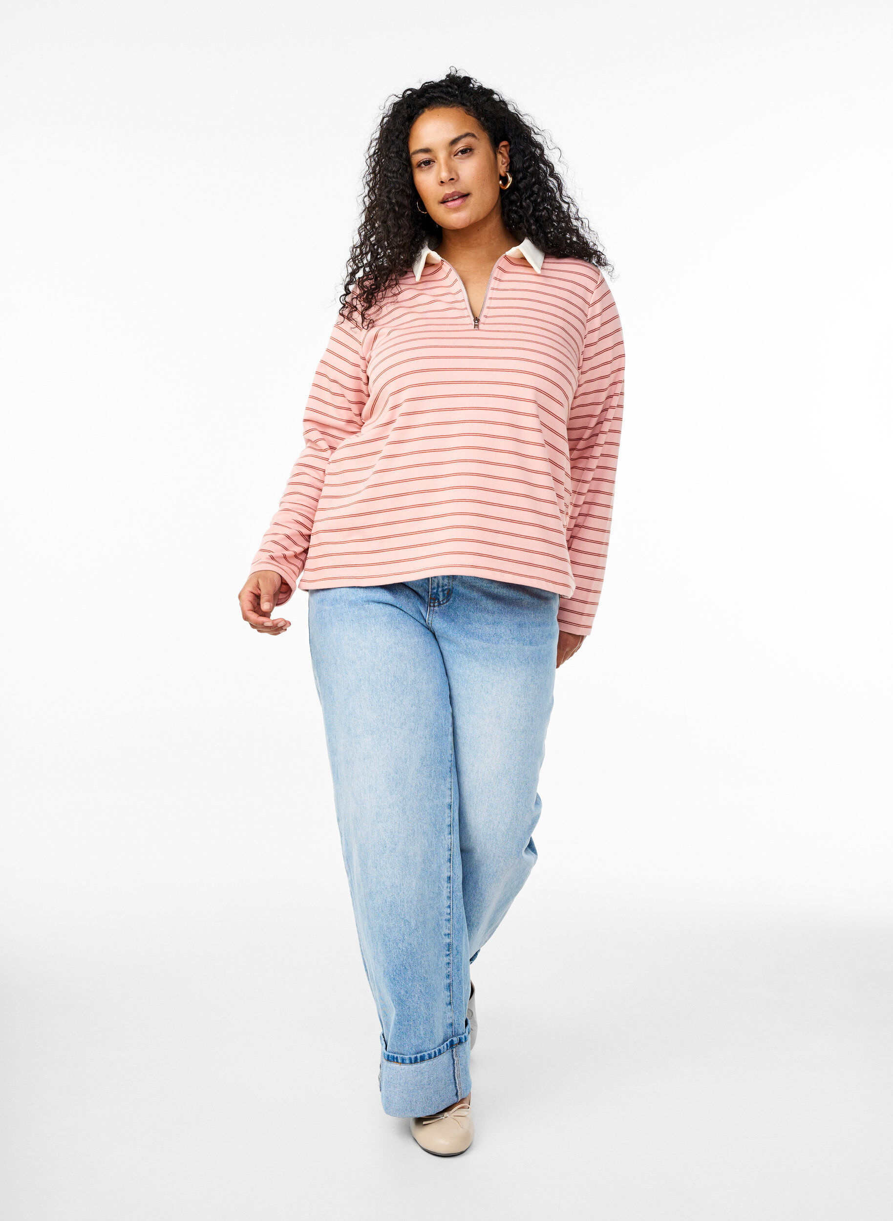 Zizzi Gestreept poloshirt met ritssluiting, Rood, Model image number 1