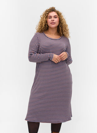 Gestreepte jurk met split, Mahogany/Navy Stripe, Model image number 0