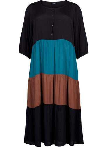 Viscose jurk met colorblock, Brown Green Block, Packshot image number 0