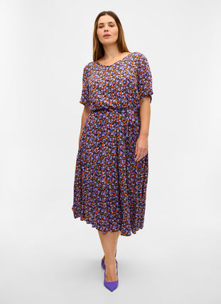 Midi-jurk met korte mouwen in viscose, Purple Ditsy Flower, Model image number 2