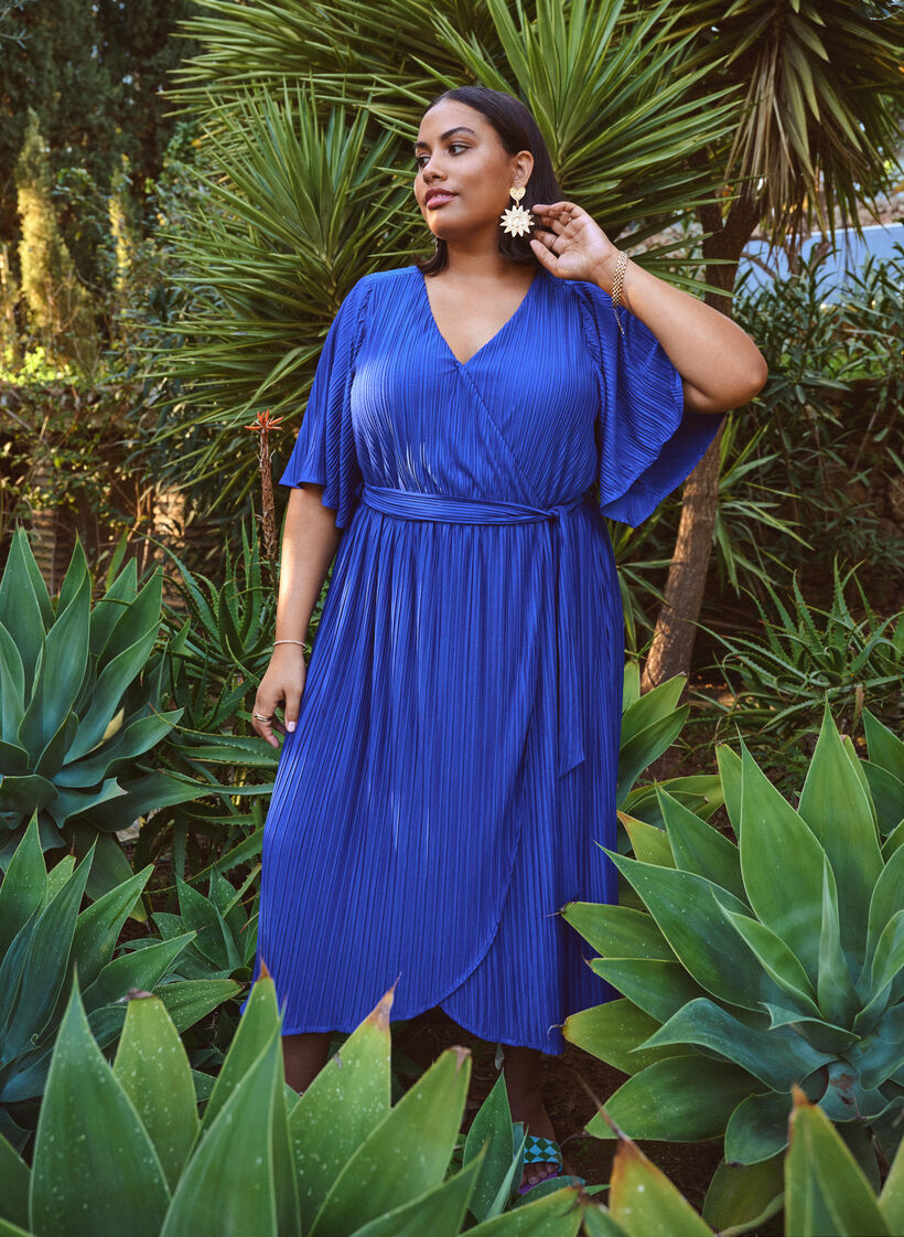 Geplooide midi-jurk met vleermuismouwen, Blauw, Image image number 0