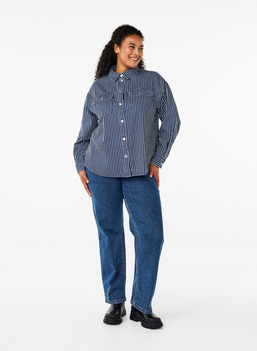 Gestreept denim overhemd met borstzakken, Blue Denim Stripe, Model image number 3