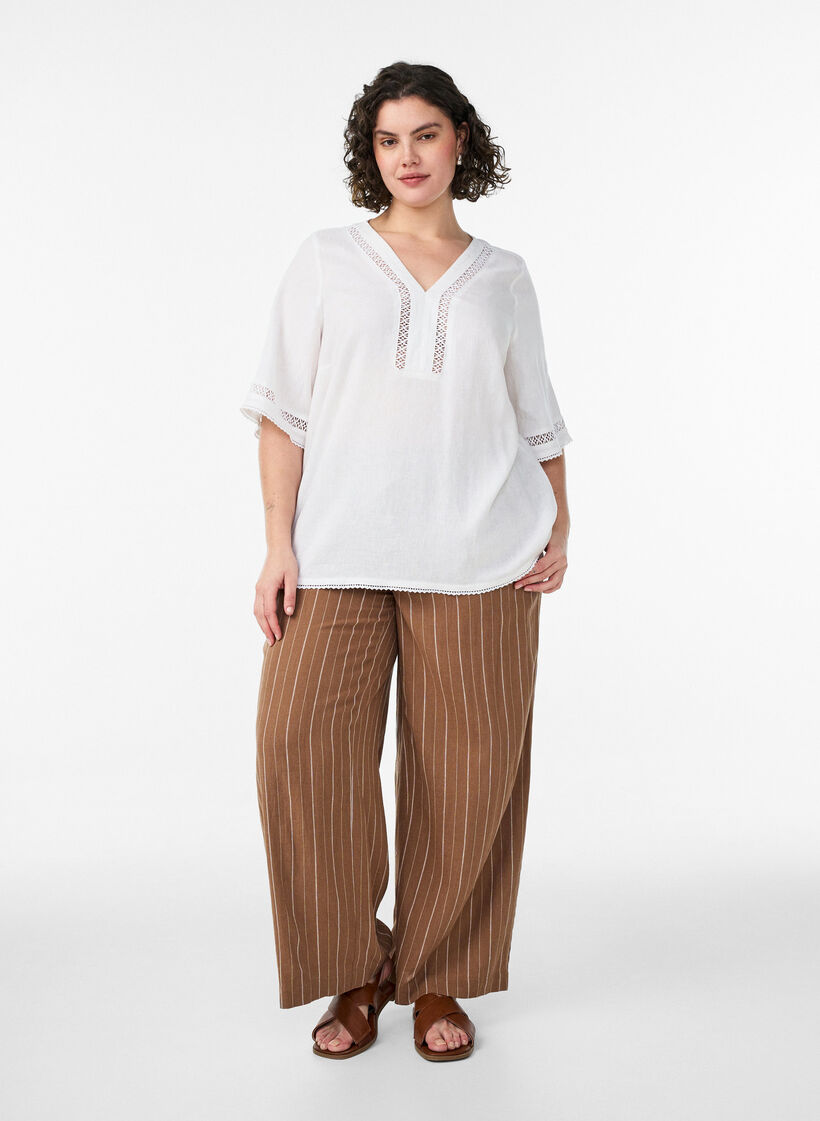 Wijde linnen en viscose broek, Bruin, Model image number 0