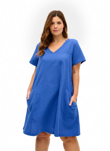 Katoenen jurk met korte mouwen, Dazzling Blue, Model image number 0