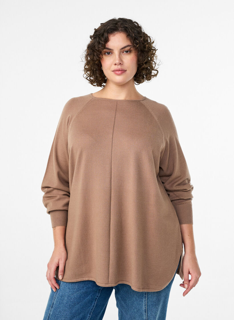 Breigoed blouse met ronde hals en gebreid patroon, Bruin, Model image number 0
