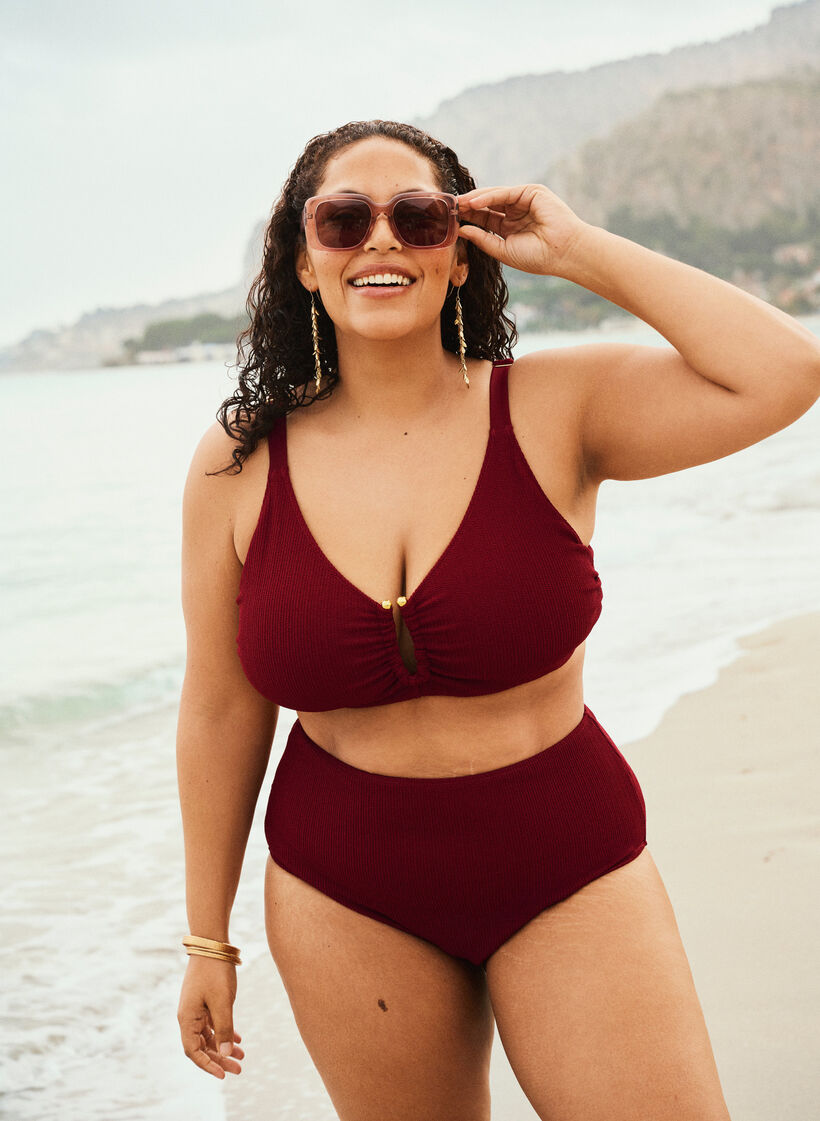 Bikinibroekje met hoge taille en textuur, Rood, Image image number 0