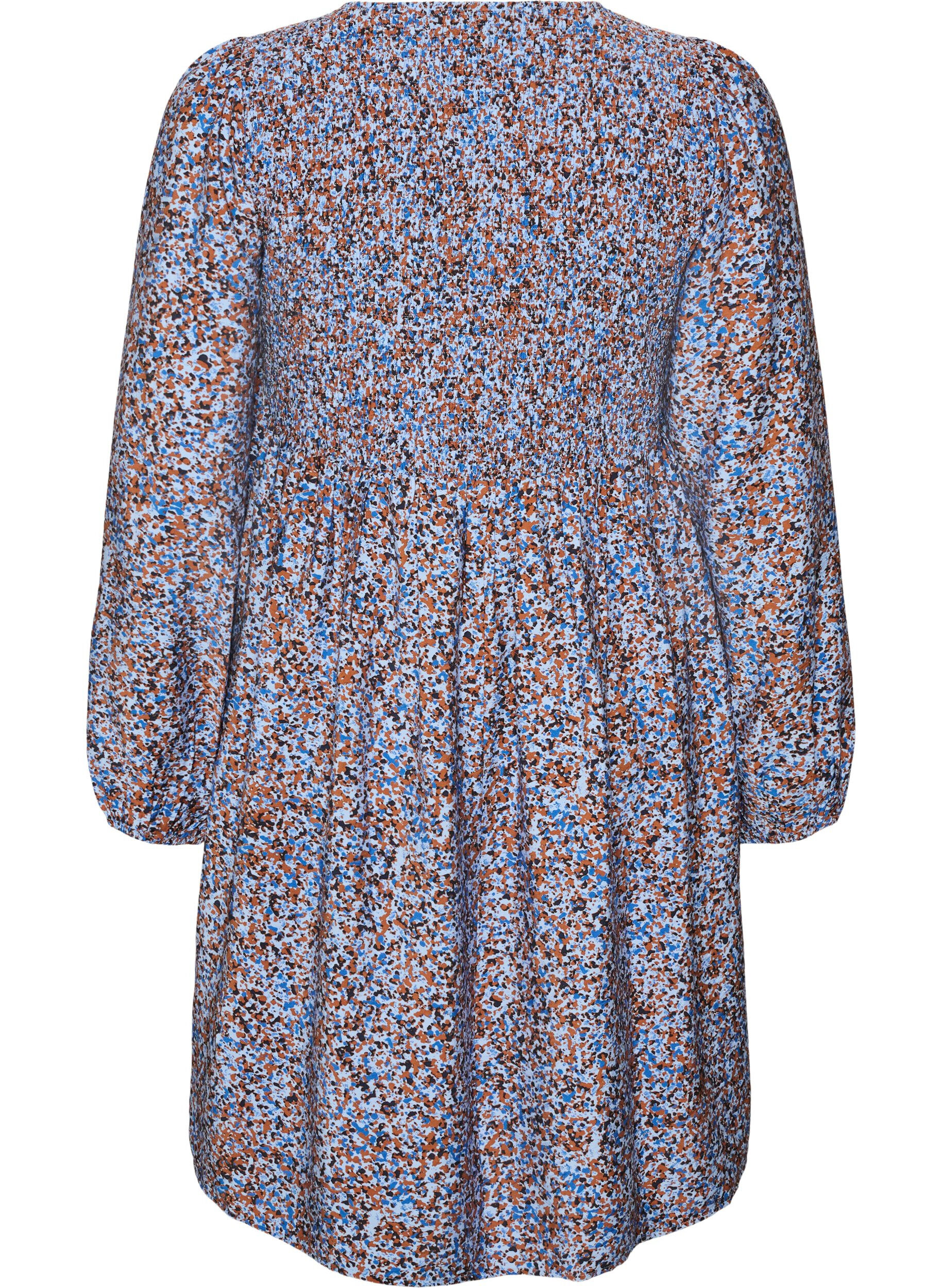 ZizziViscose jurk met smock en een all-over patroon, Blauw, Packshot image number 1
