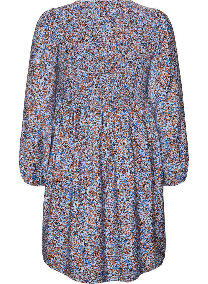 Viscose jurk met smock en een all-over patroon, Blauw, Packshot image number 1