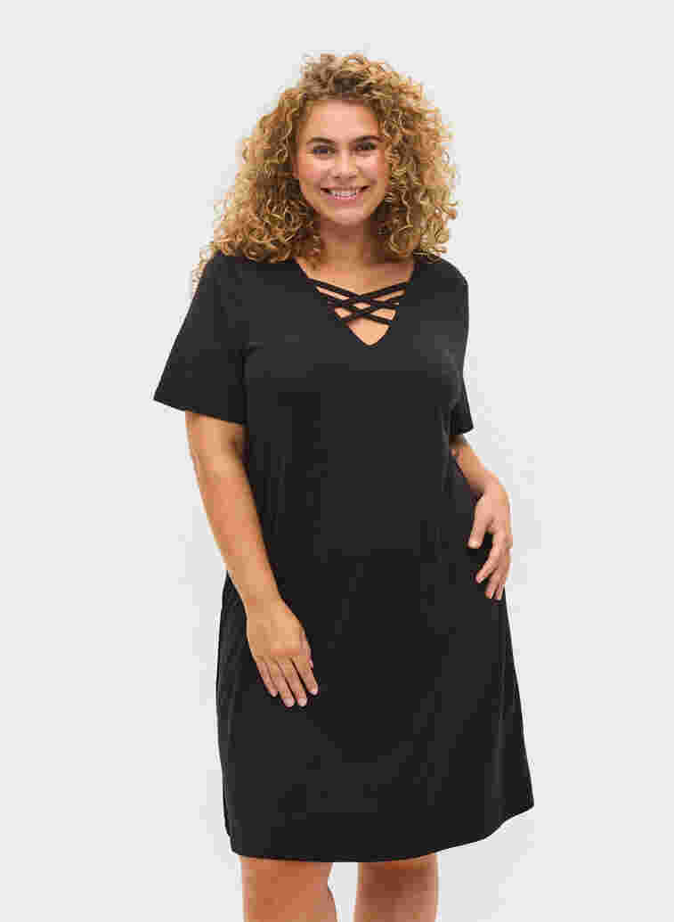 Nachthemd met korte mouwen en v-hals, Black, Model image number 0
