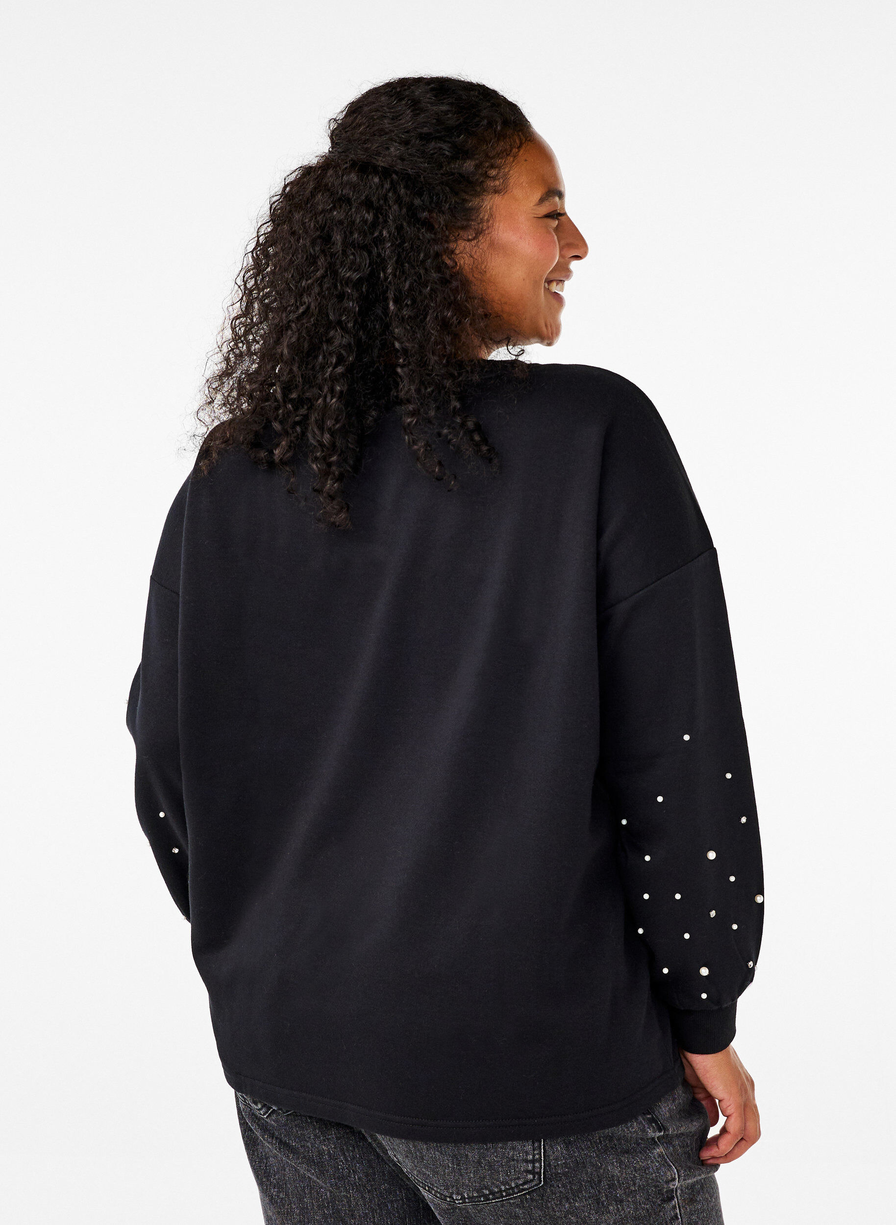 Zizzi Sweatshirt met kralen, Black, Model image number 1