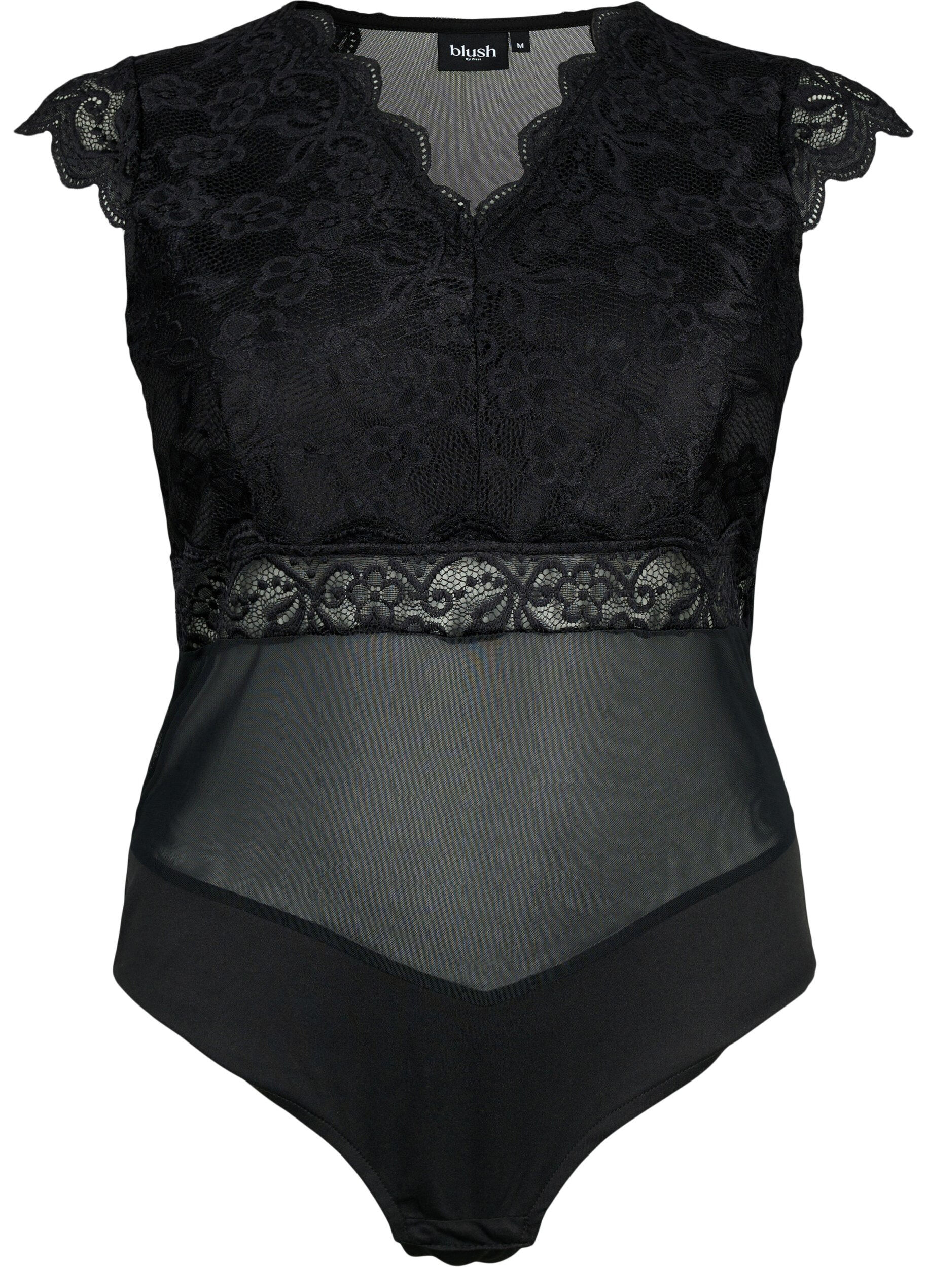 Zizzi Bodystocking met kant en v-halslijn, Black, Packshot image number 0