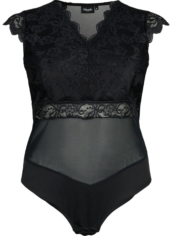 Bodystocking met kant en v-halslijn, Black, Packshot image number 0