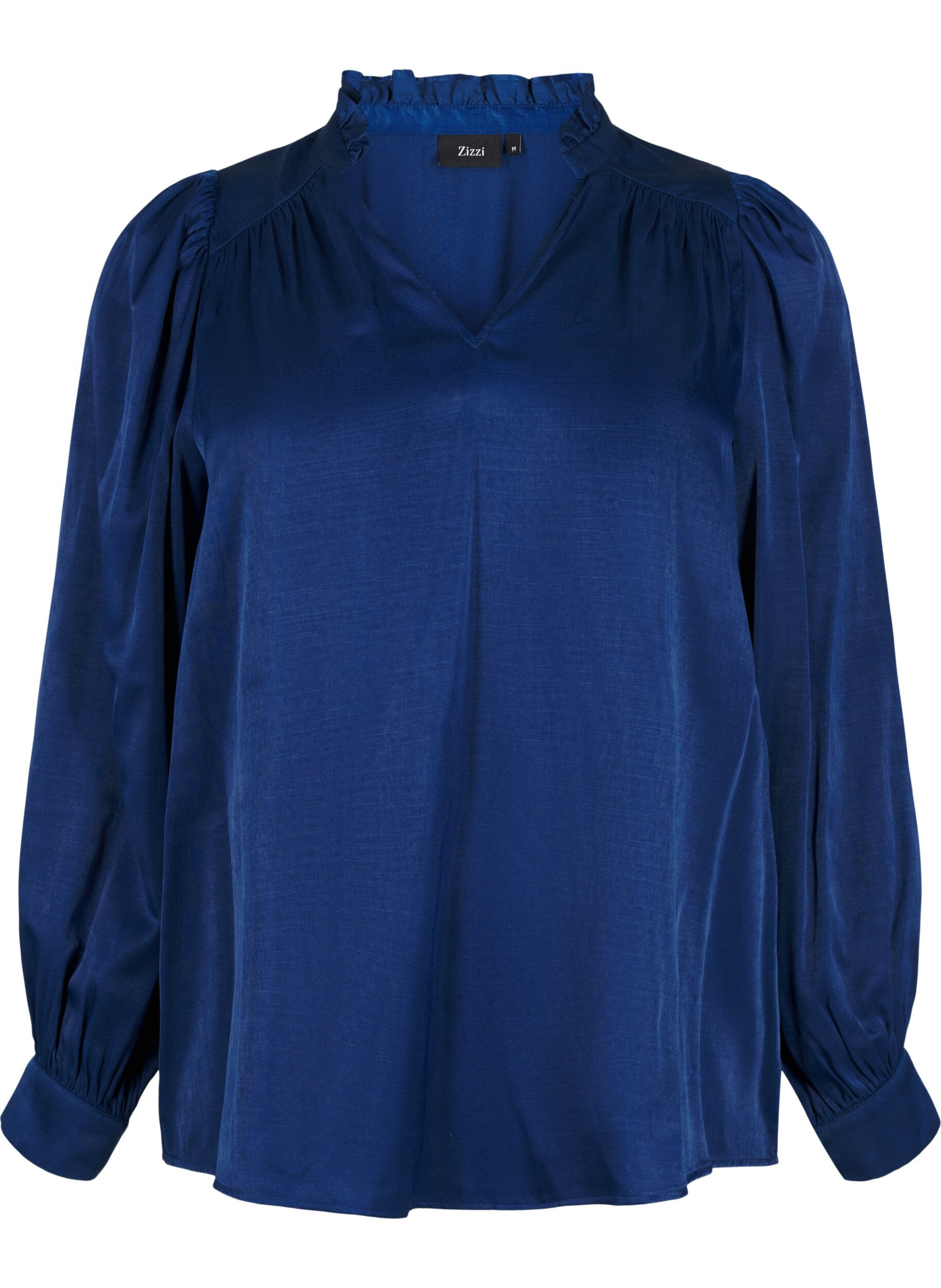 Zizzi Blouse met lange mouwen, ruches en V-hals, Estate Blue, Packshot image number 0
