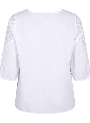Blouse van katoenmix met linnen en gehaakt detail, Bright White, Packshot image number 1