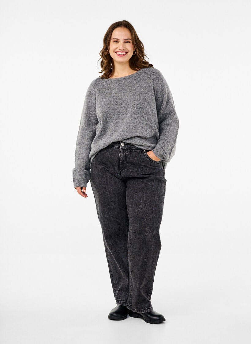 Ruimvallende gebreide blouse met ronde hals, Medium Grey Melange, Model image number 2