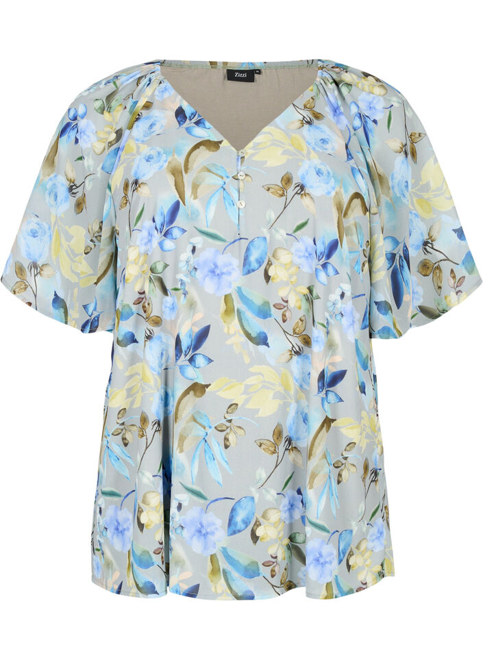 Gebloemde feestblouse met korte mouwen, Wrought Iron AOP, Packshot image number 0