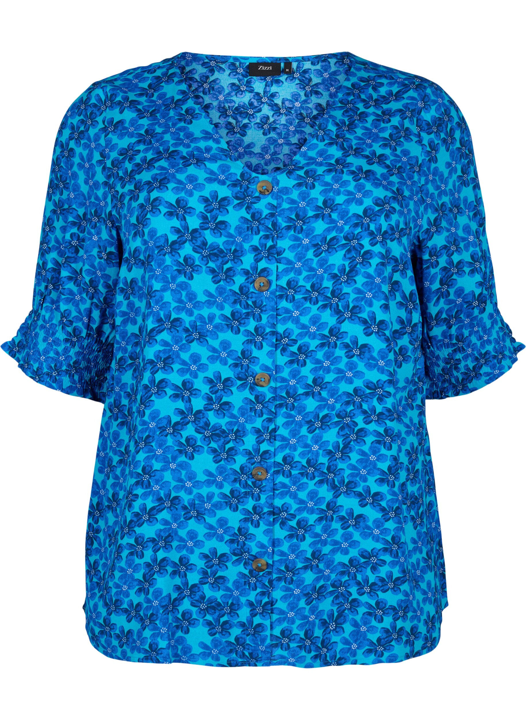 Zizzi Viscose blouse met knopen, Blue Small Flower, Packshot image number 0