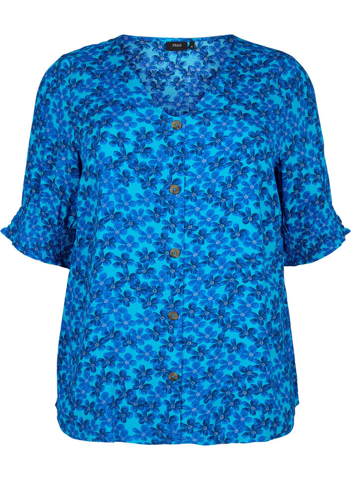 Viscose blouse met knopen, Blue Small Flower, Packshot image number 0