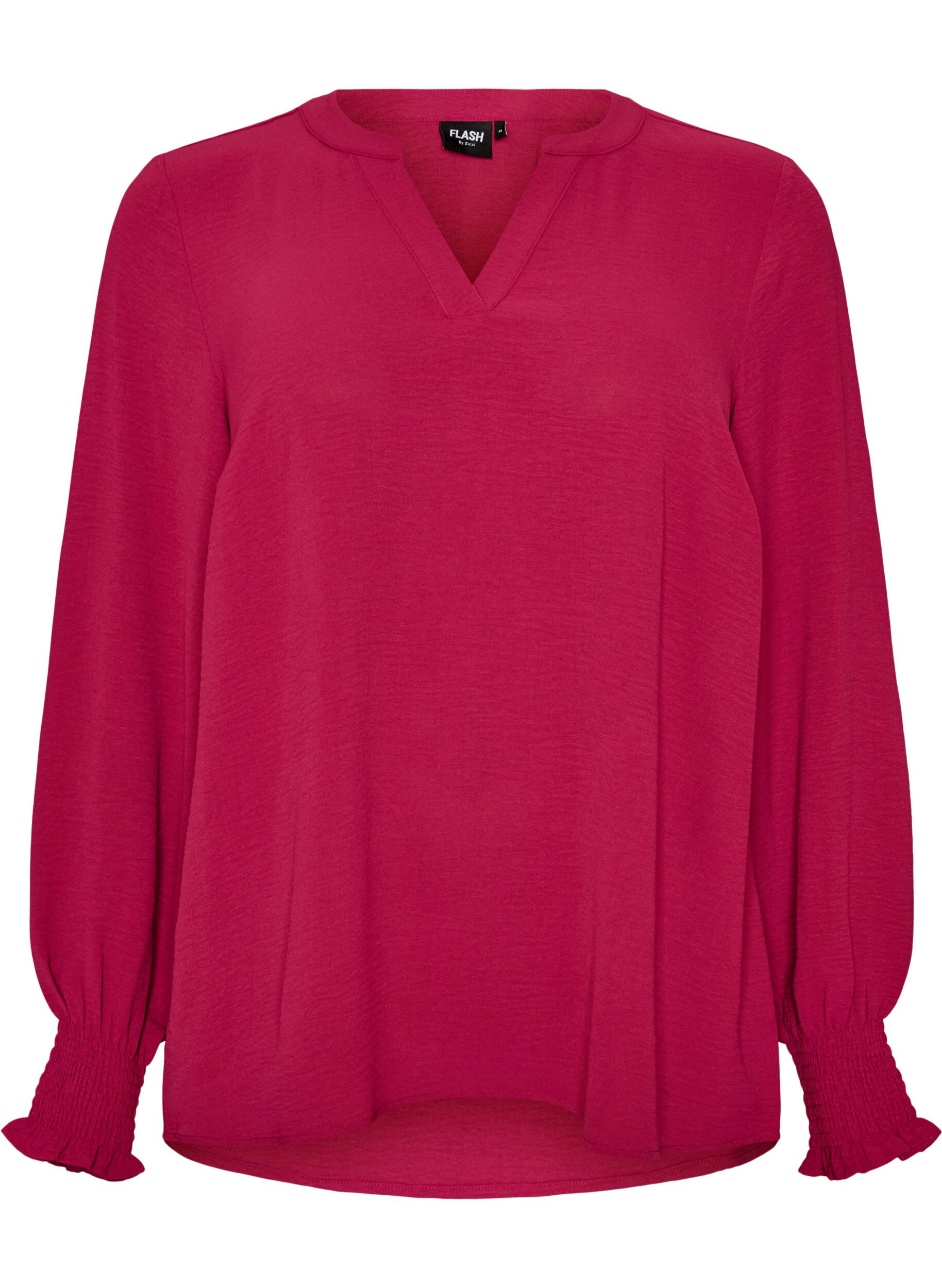 ZizziBlouse met smockmanchetten en V-hals, Rood, Packshot image number 0