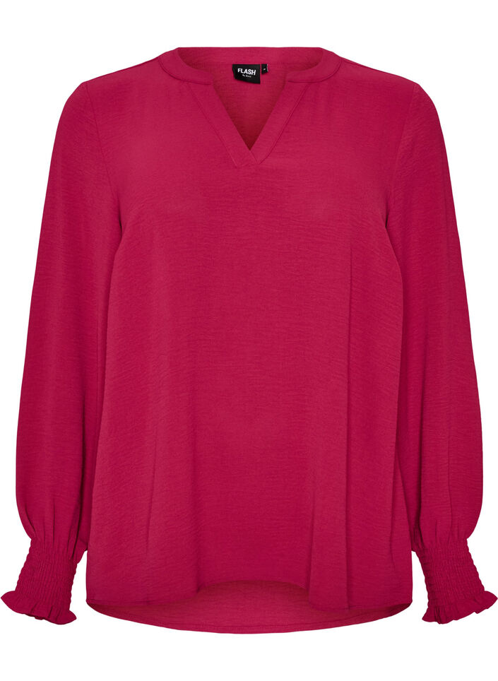 Blouse met smockmanchetten en V-hals, Rood, Packshot image number 0