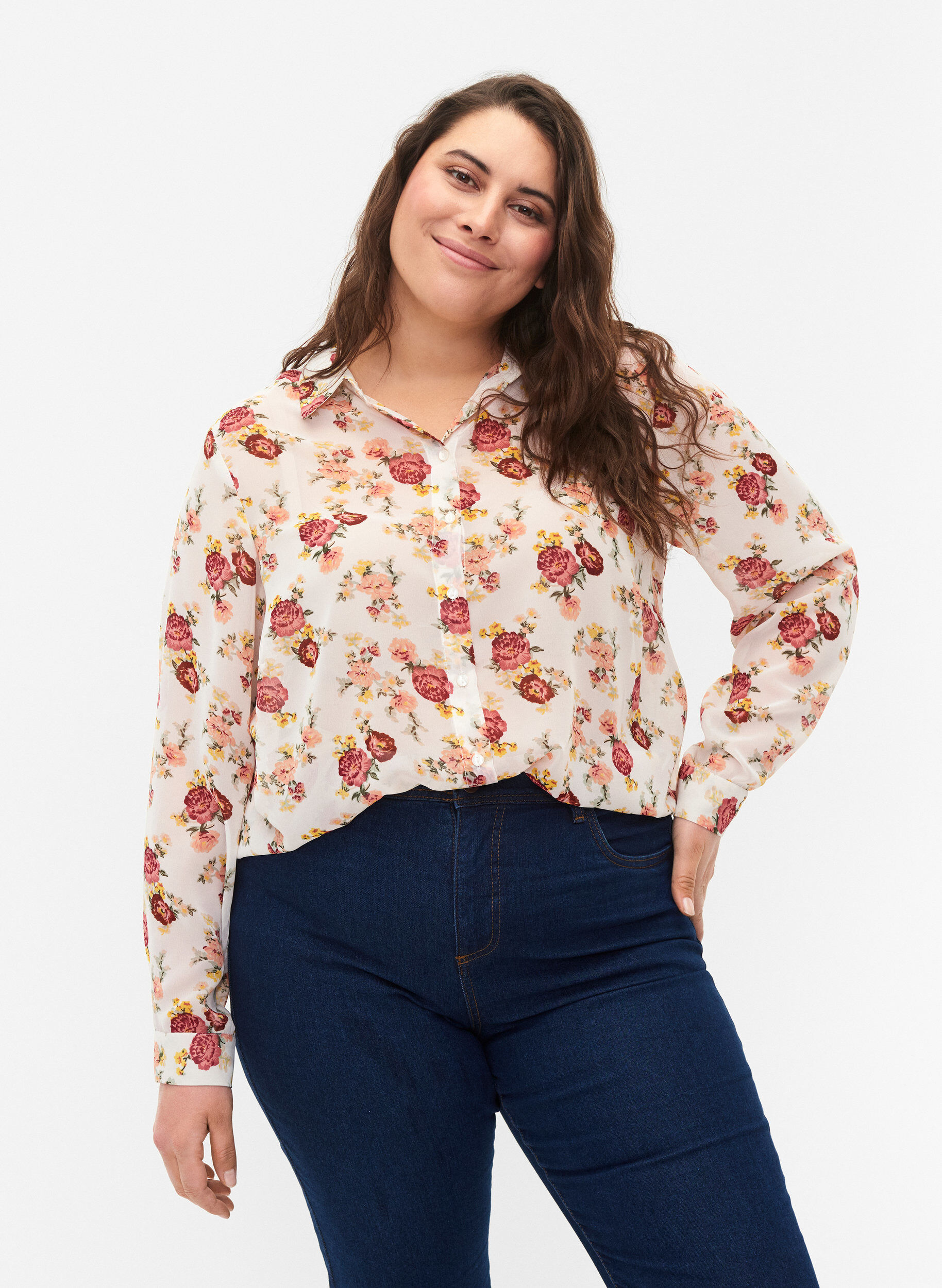 Zizzi FLASH - Shirt met lange mouwen en bloemenprint, Off White Flower, Model image number 0
