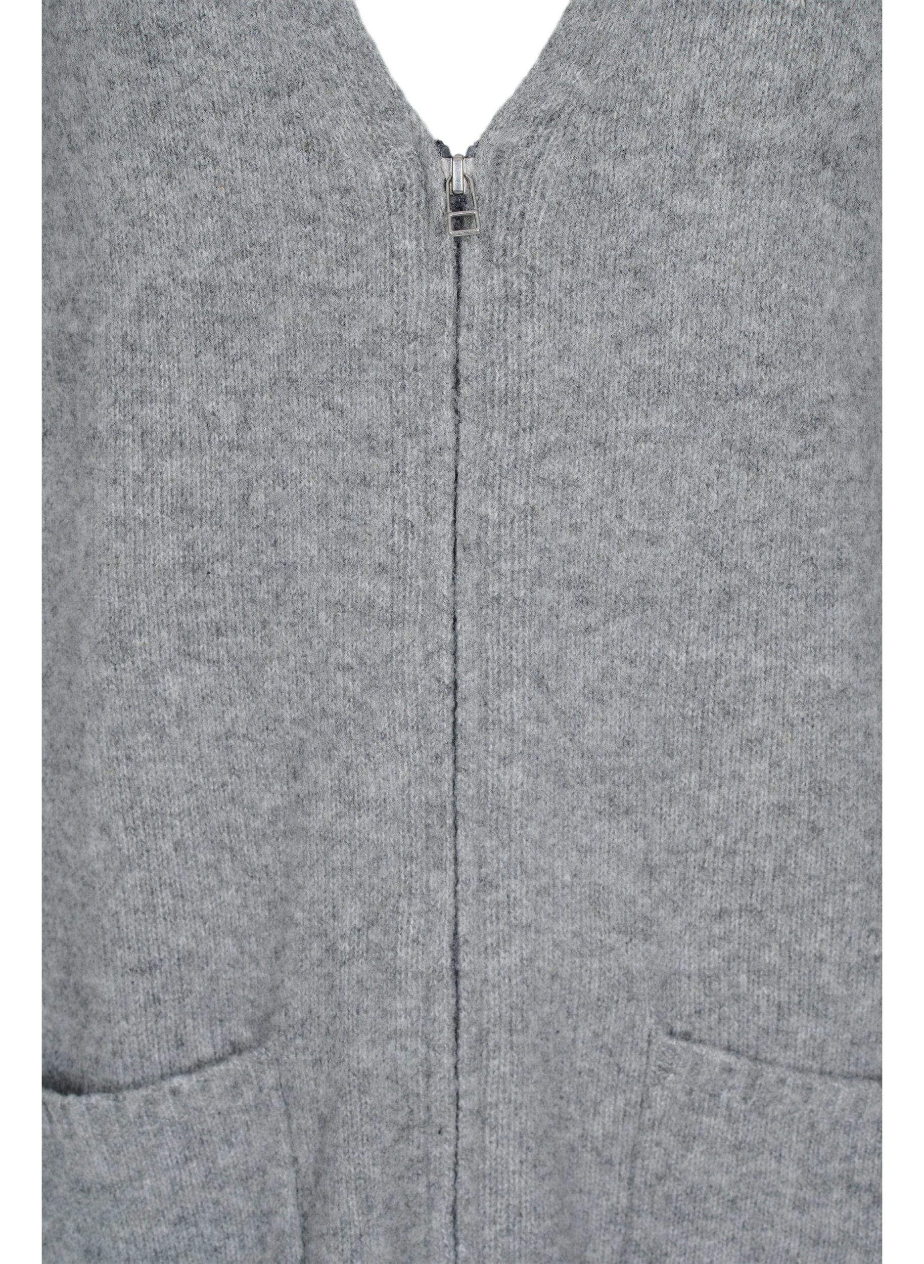 Zizzi Lang gebreid vest met rits en zakken, Medium Grey Melange, Packshot image number 2