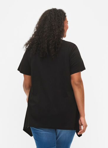 T-shirt van katoen met tekstopdruk, Black HAPPY, Model image number 1