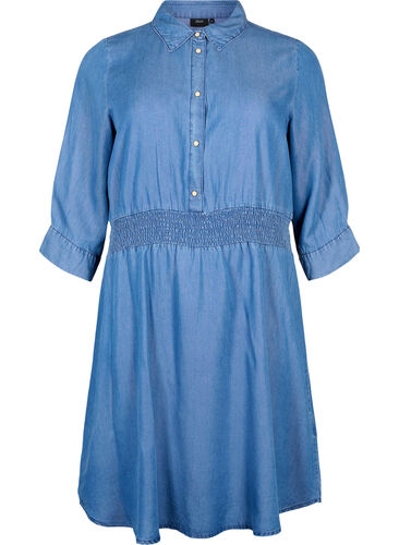Zachte denim jurk met 3/4 mouwen en smock, Blue denim, Packshot image number 0