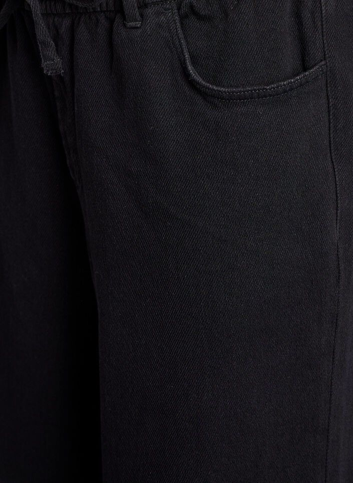 Losse pasvorm jeans met een elastische tailleband en een trekkoord, Zwart, Packshot