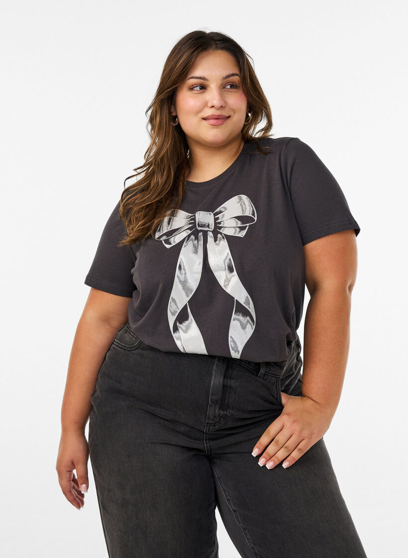 Katoenen T-shirt met print aan de voorkant, Grijs, Model image number 0