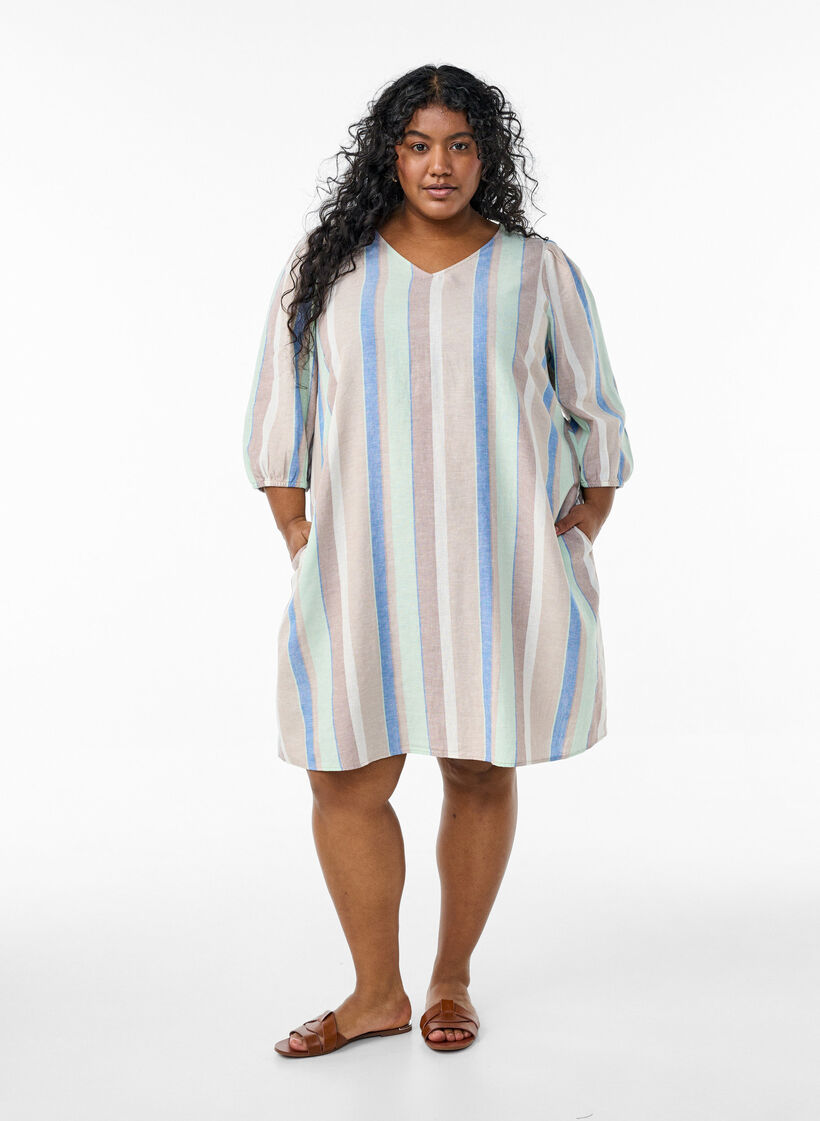 Korte jurk in linnen en viscose met 3/4 mouwen, Blauw, Model image number 1