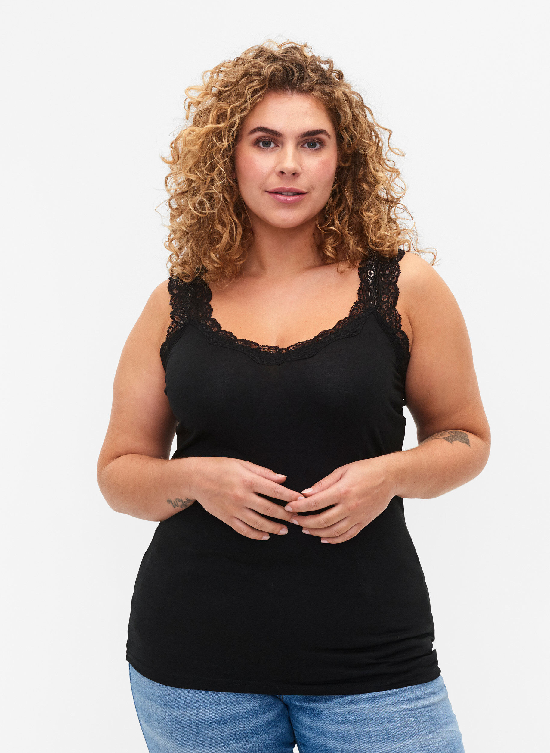 Zizzi 2-pack topjes met kant, Black / Black, Model image number 0