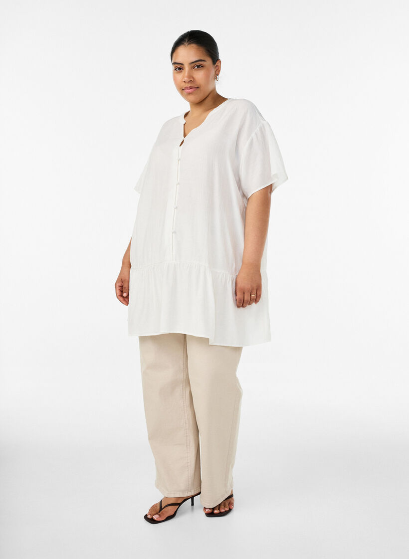 Losse tuniek met gekreukte structuur en rucherand, Vanille, Model image number 1