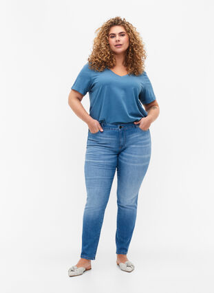 Katoenen t-shirt met v-hals, Aegean Blue, Model image number 2